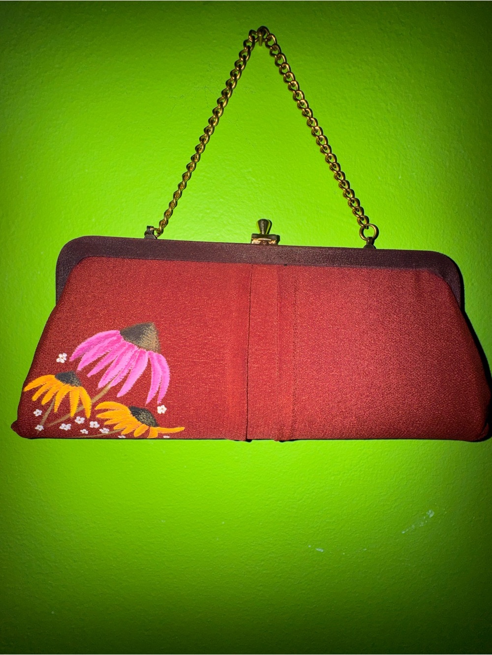 Vintage Hand-Painted Floral Burgundy Clutch